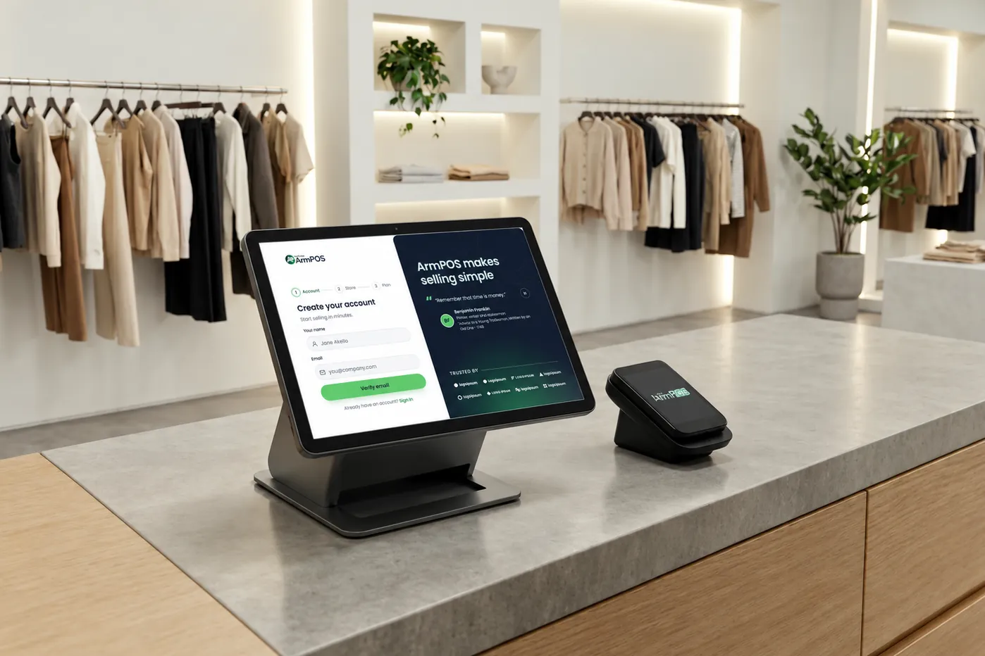 Signing up for ArmPOS on a tablet at a shop counter