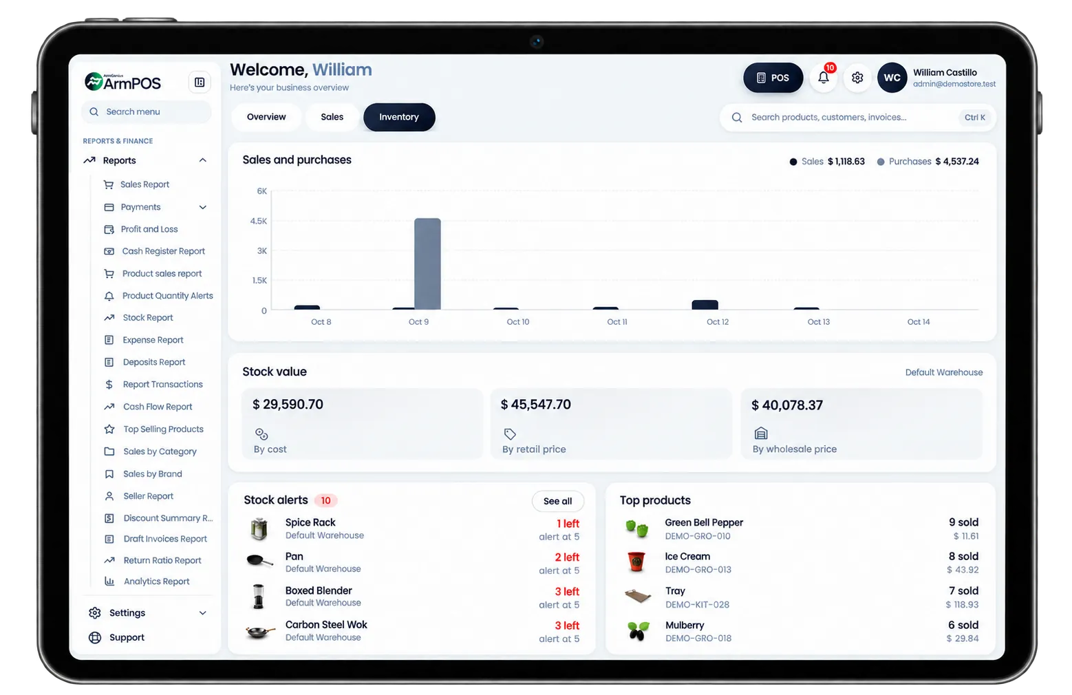 Stock value and the low-stock list in ArmPOS