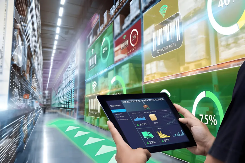 A tablet showing stock levels for each product, held up in a warehouse aisle