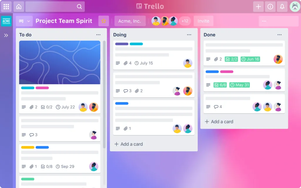 A Trello board with To do, Doing and Done columns and cards for each team member