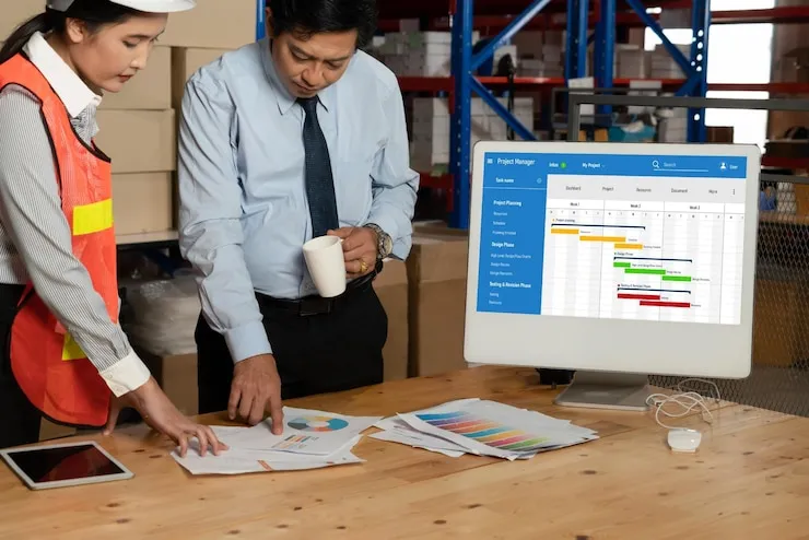 A warehouse manager and a colleague in a safety vest read printed charts beside a screen, reviewing inventory management KPIs