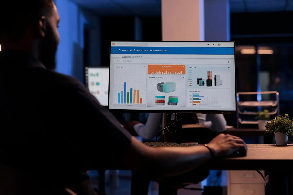 A man at a desk reads a dashboard of sales and stock charts on a computer screen