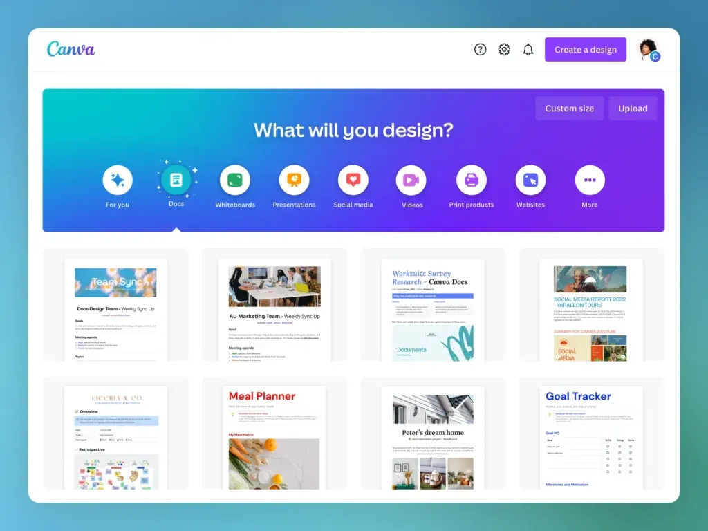Canva's home screen with templates for documents, social media posts and print