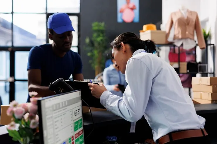 A man in a blue cap and a store worker at a boutique counter, with a POS screen and a barcode scanner in front of them