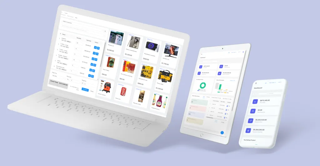 ArmPOS on a laptop, a tablet and a phone: the till screen, the dashboard and the day's figures