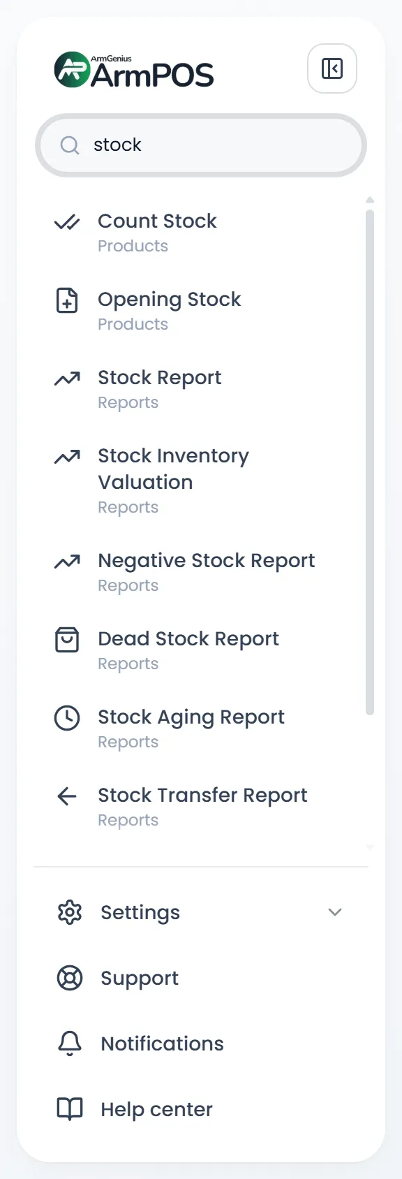 The menu with "stock" typed in Search menu: Count Stock and Opening Stock under Products, then the stock reports under Reports.