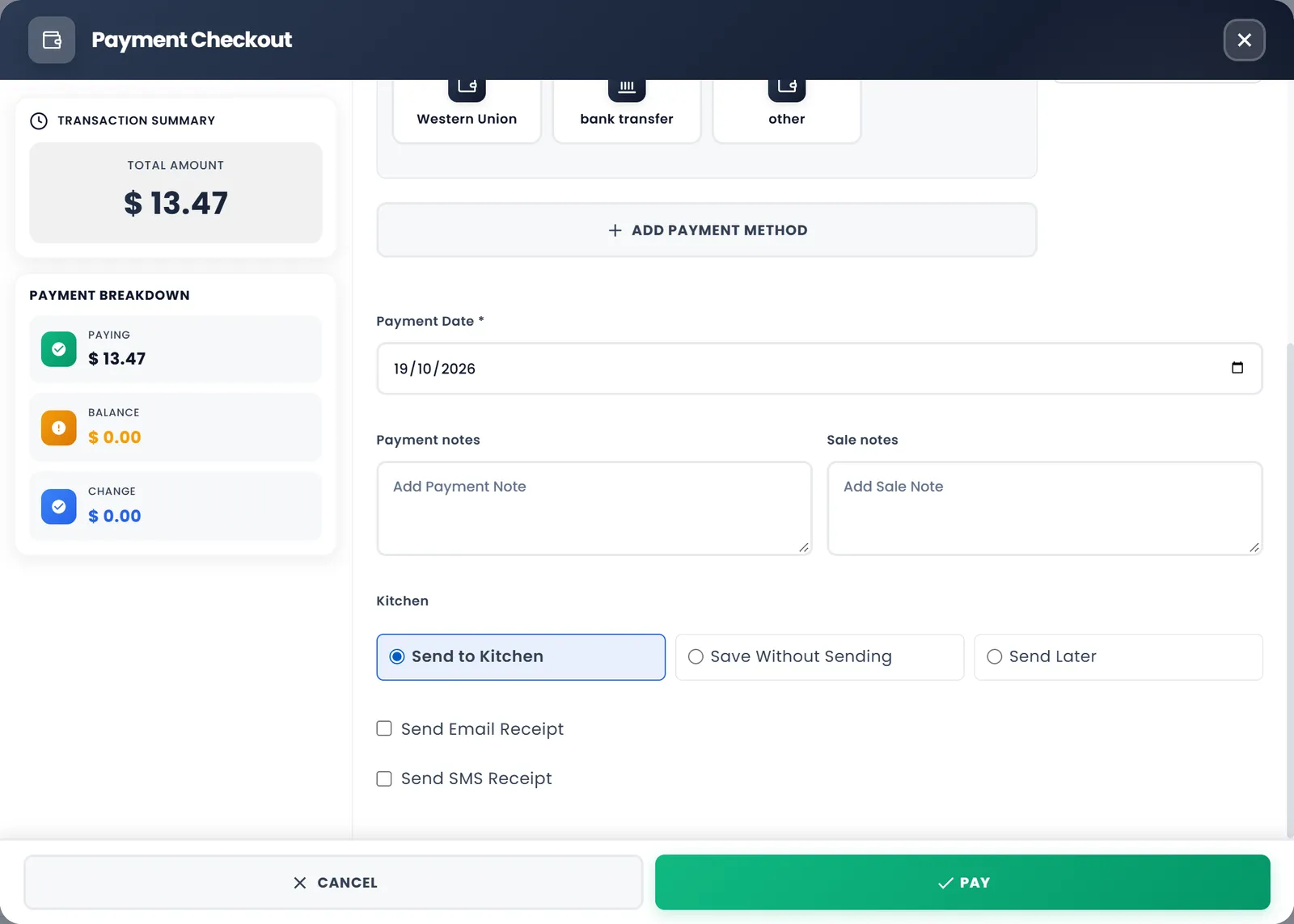 Payment Checkout with the Kitchen choice set to Send to Kitchen, beside Save Without Sending and Send Later.