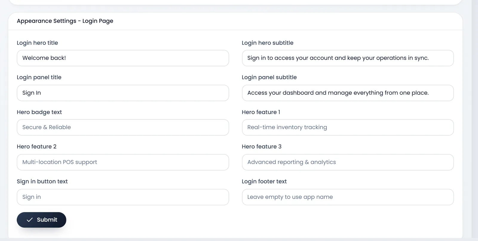 Appearance Settings - Login Page: Login hero title "Welcome back!", Login hero subtitle, Login panel title "Sign In", Login panel subtitle, then Hero badge text, Hero feature 1 to 3, Sign in button text, Login footer text and Submit.
