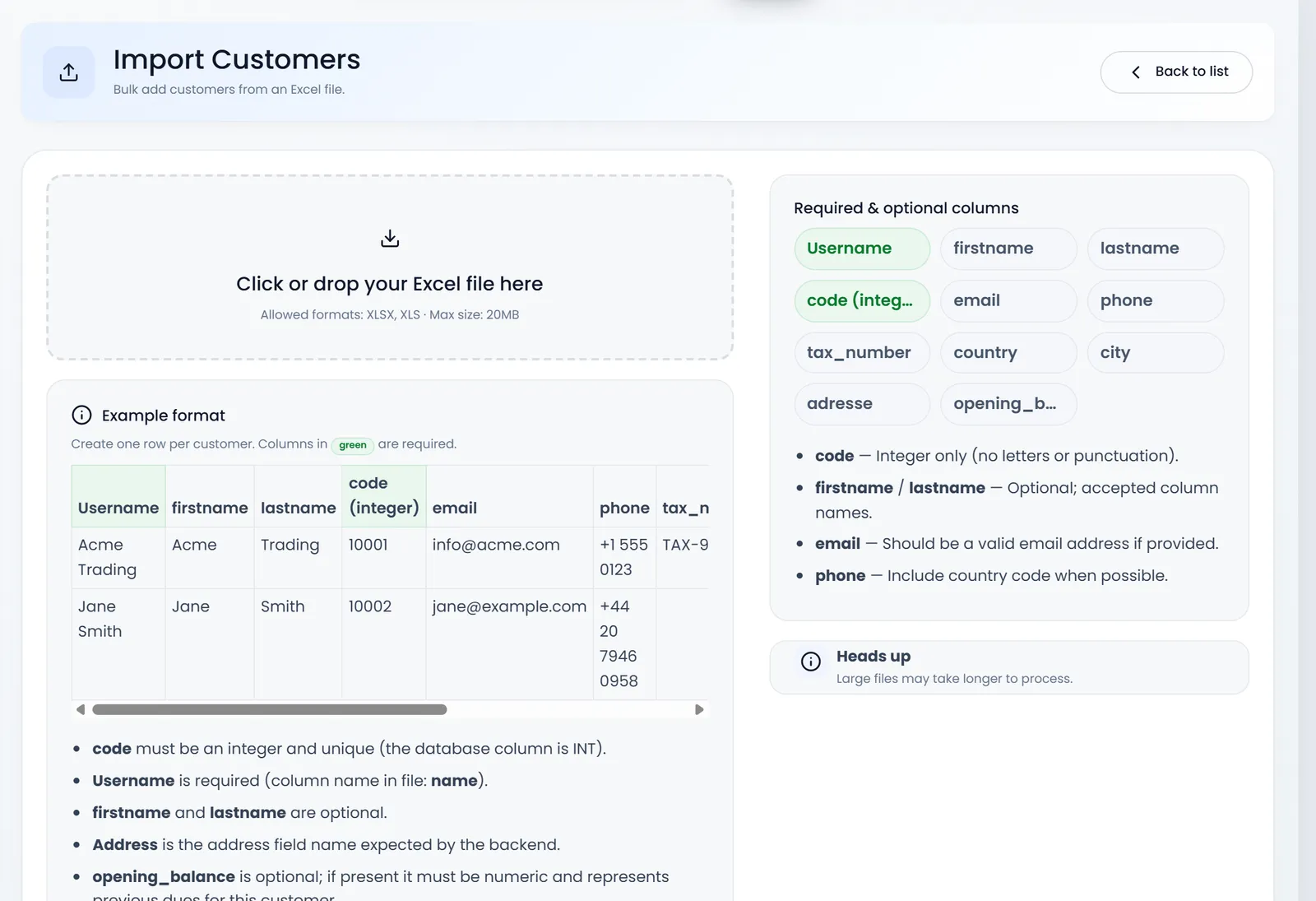 Import Customers: the drop box for the Excel file, the Example format table with Username, firstname, lastname, code, email, phone, tax_number, country, city, Address and opening_balance, and the Import now, Download example and Reset buttons.