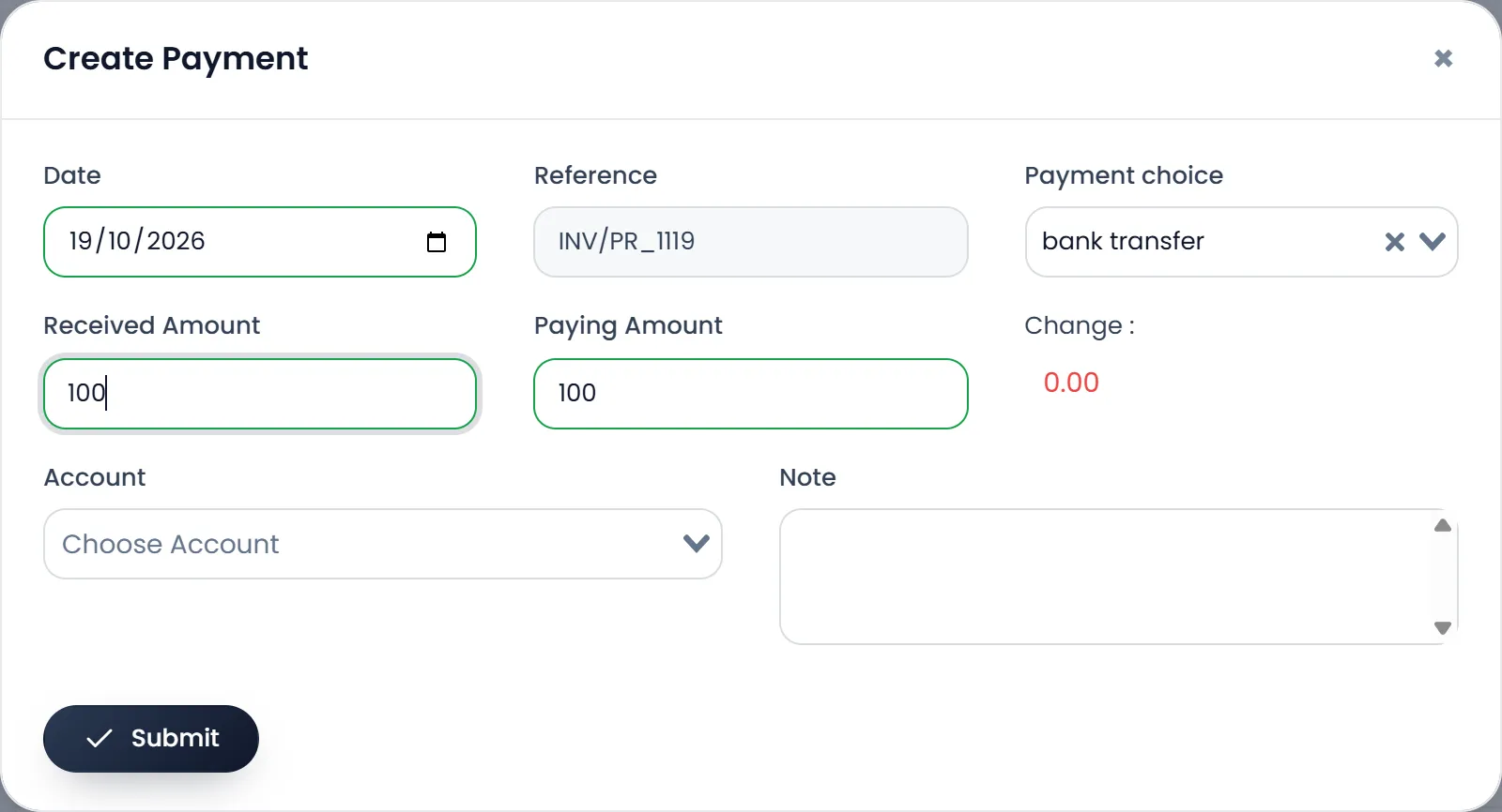 Create Payment for a purchase: Date, Reference, Payment choice, Received Amount and Paying Amount, Change, Account and Note, with Submit.