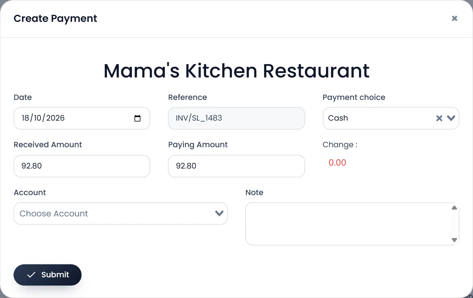 The Create Payment window for Mama's Kitchen Restaurant: Date, Reference, Payment choice set to Cash, Received Amount and Paying Amount both $ 92.80, Change 0.00, Account, Note and Submit.