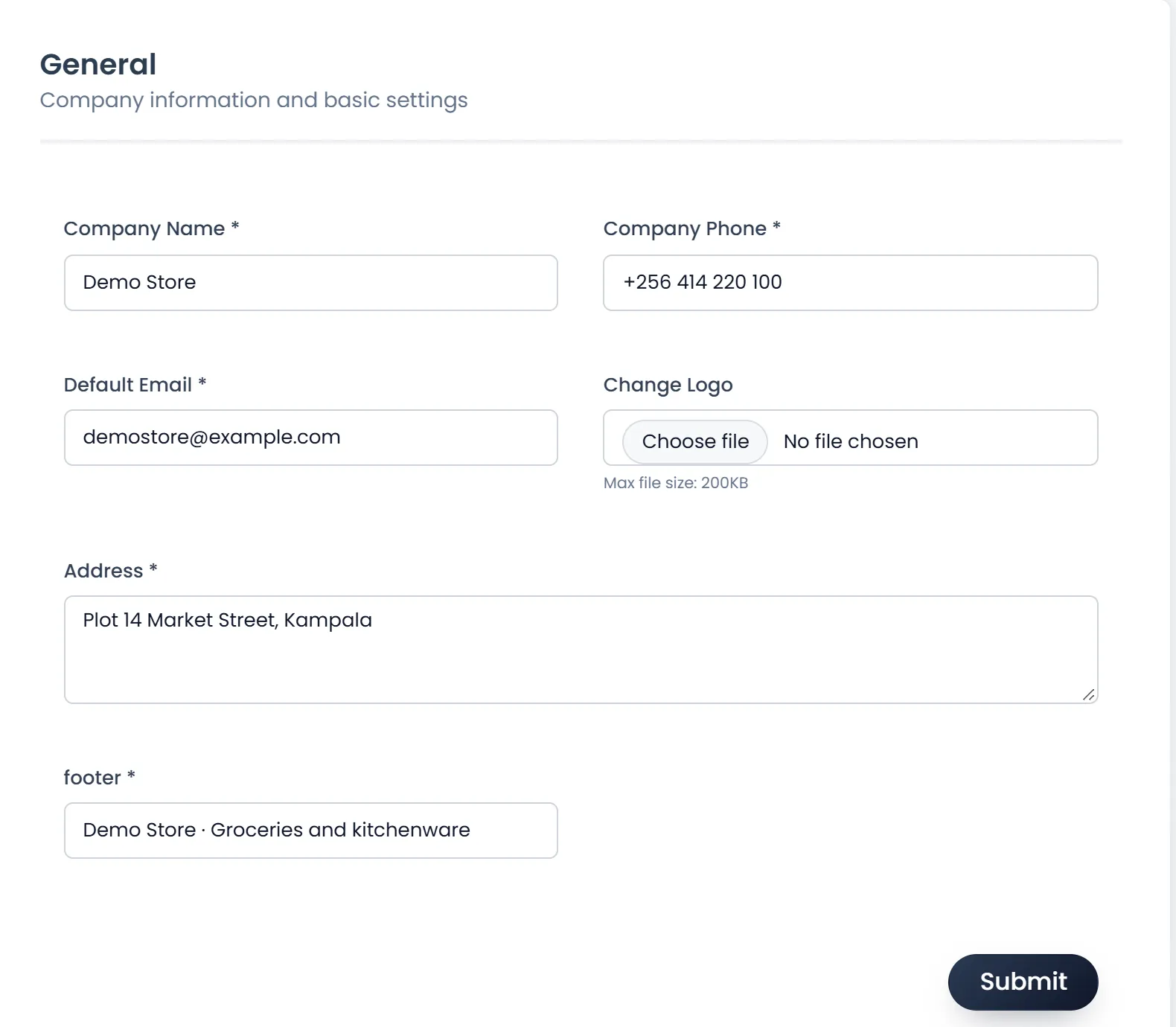 The General tab of System Settings with Company Name, Company Phone, Default Email, Change Logo, Address and footer filled in, and the Submit button.