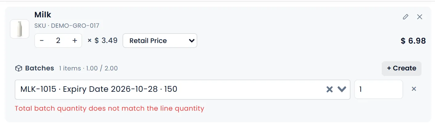 The same line with MLK-1015 chosen for 1 of the 2 Milk, and the message "Total batch quantity does not match the line quantity".