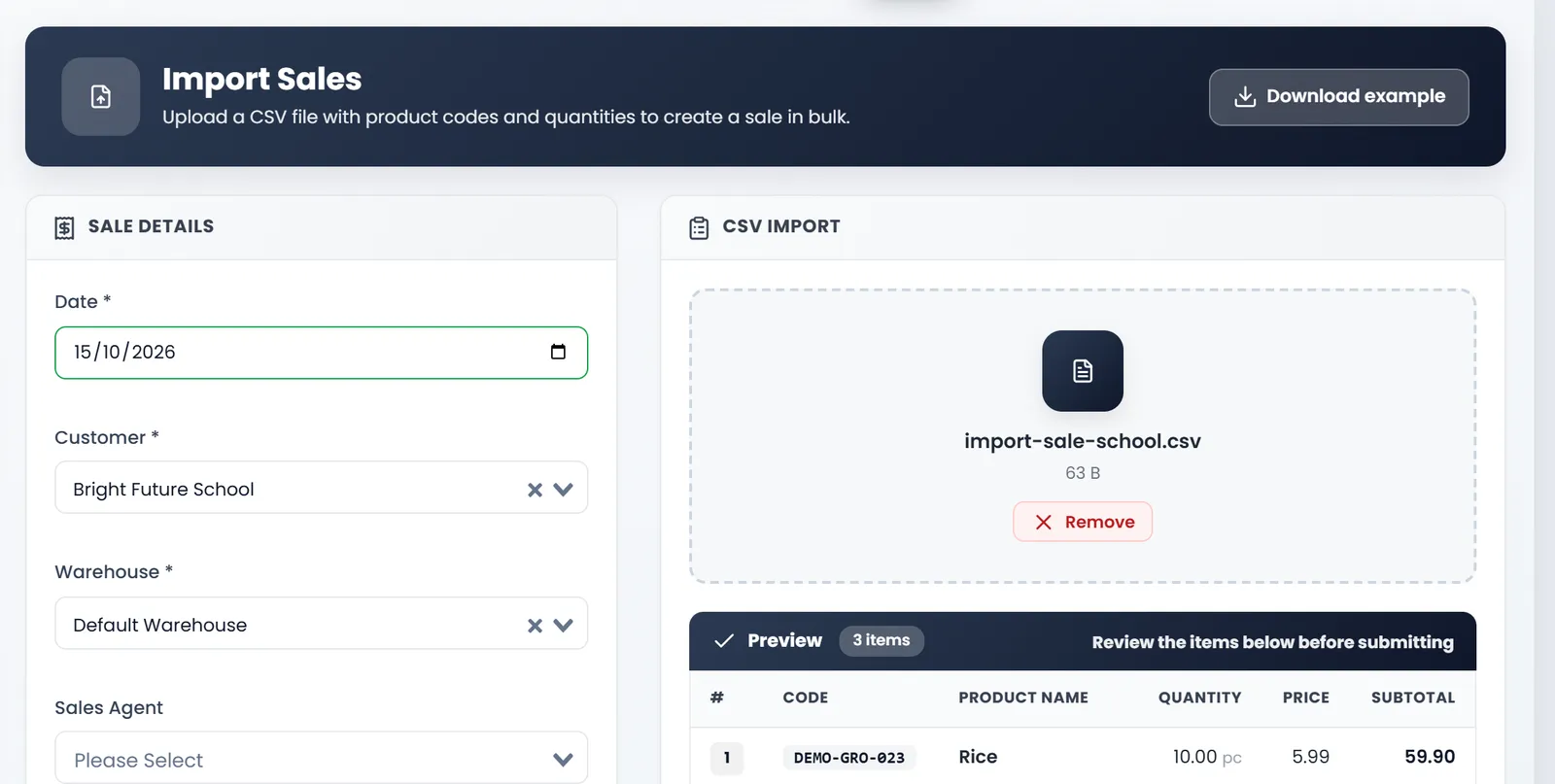Import Sales: the sale's details with Date, Customer Bright Future School, Warehouse Default Warehouse, Sales Agent, Status completed, Order Tax, Discount, Shipping and Note.