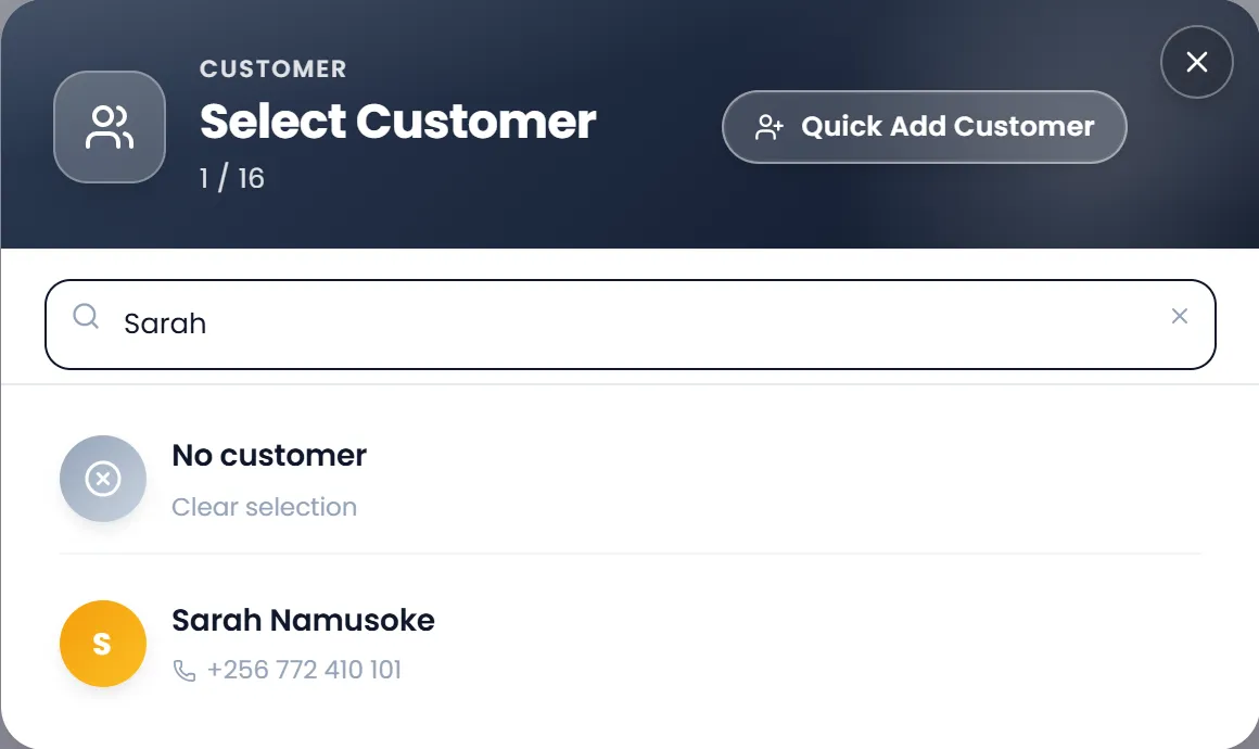 The Select Customer panel with "Sarah" typed in the search box, Quick Add Customer at its top, and the matching customer below.