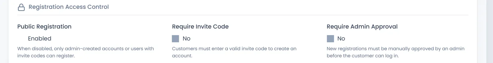 Registration Access Control: Public Registration Enabled, Require Invite Code No, Require Admin Approval No, each with its explanation.