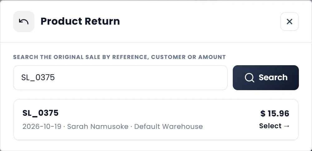 The Product Return window after a search for SL_0375: one sale found, dated 2026-10-19, for Sarah Namusoke at Default Warehouse, $ 15.96, with Select.