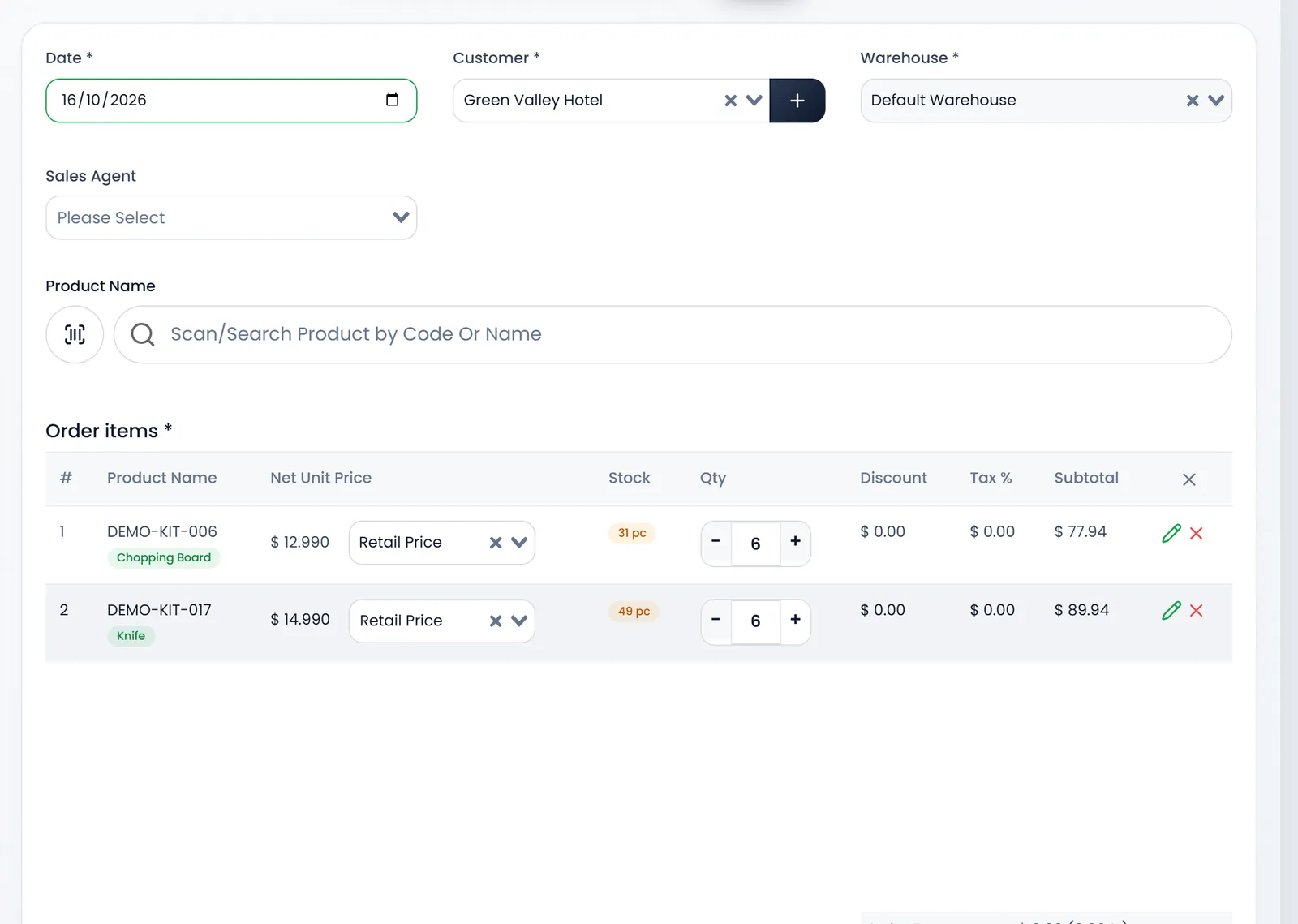 The Create Sale form: Date, Customer set to Green Valley Hotel, Warehouse set to Default Warehouse, an empty Sales Agent, the product search, and Order items with 6 Chopping Board and 6 Knife.