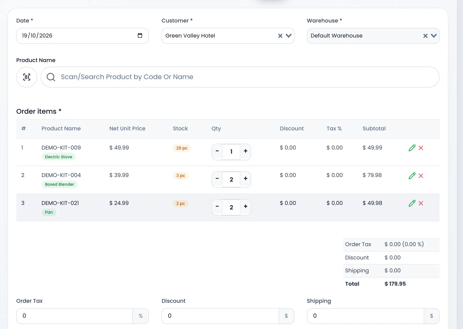 The Create Quotation form: Date, Customer set to Green Valley Hotel and Warehouse set to Default Warehouse, with three products in Order items, each with its price, stock, quantity and subtotal.