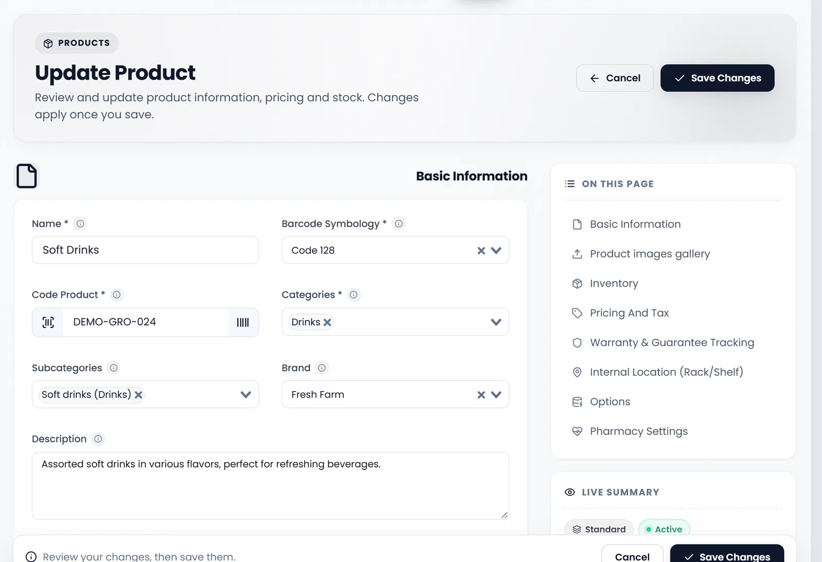 Update Product for Soft Drinks: Name, Barcode Symbology Code 128, Code Product, Categories set to Drinks, Subcategories Soft drinks (Drinks) and Brand, with On this page listing the page's parts and Save Changes at the top.
