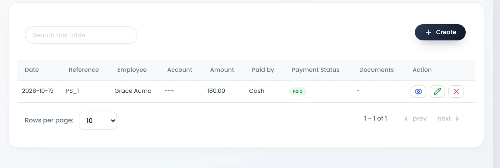Payroll: 2026-10-19, PS_1, Grace Auma, Account ---, 180.00, paid by Cash, Paid.