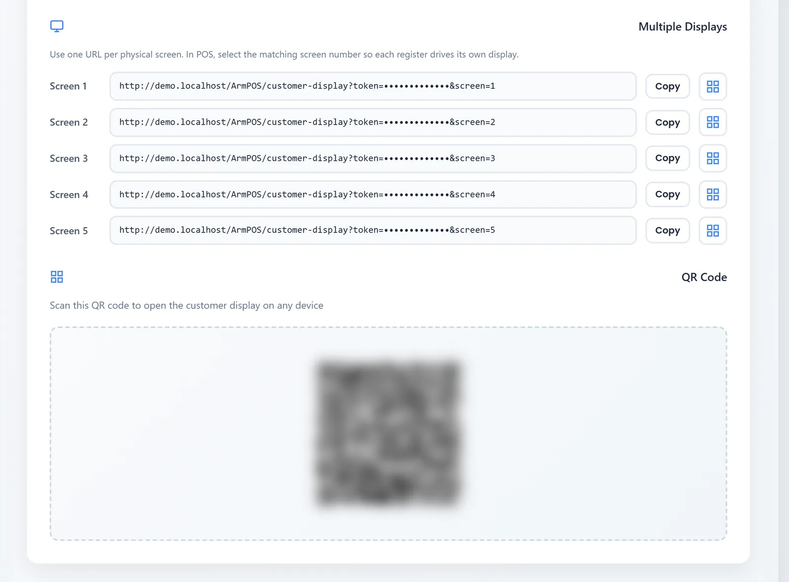 Multiple Displays with Screen 1 to Screen 5, each with Copy and a QR button, and the QR Code to scan, blurred in this picture because it carries the token.