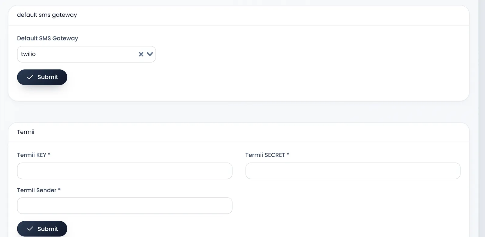 Sms Settings: the default sms gateway card with Default SMS Gateway set to twilio and Submit, then the Termii card with Termii KEY, Termii SECRET, Termii Sender and Submit.