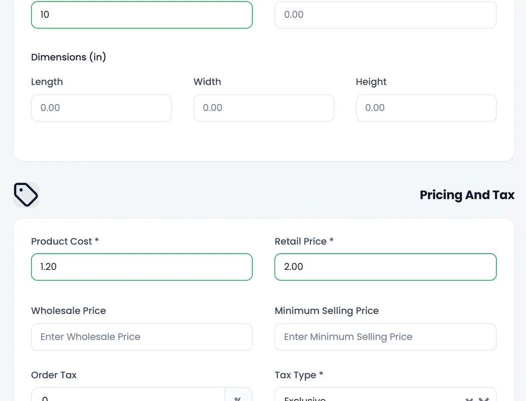Inventory: Type Standard Product, Product Unit Piece, Sale Unit Piece, Purchase Unit Piece, Stock Alert 10, Weight and Dimensions.