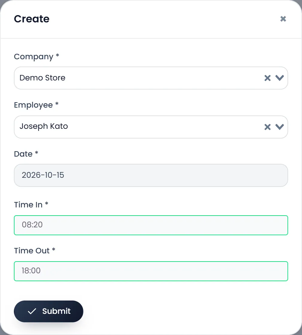 The Create attendance window: Company Demo Store, Employee Joseph Kato, Date 2026-10-15, Time In 08:20, Time Out 18:00, and Submit.