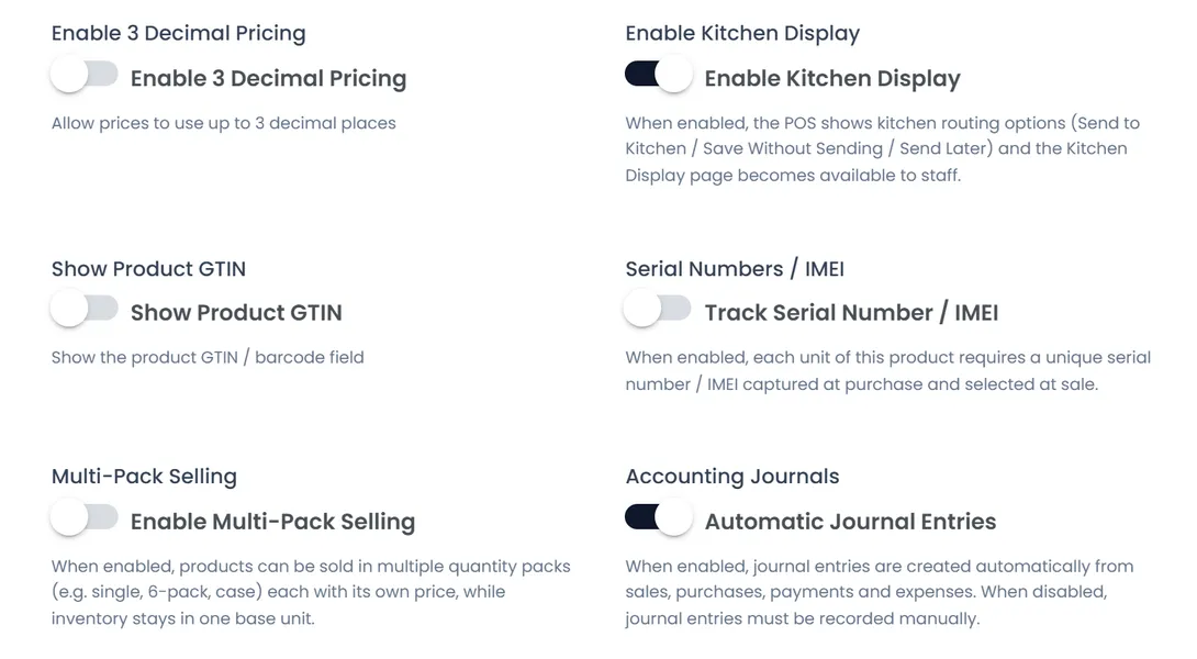 Feature Toggles: Enable 3 Decimal Pricing, Enable Kitchen Display (on), Show Product GTIN, Serial Numbers / IMEI with Track Serial Number / IMEI, Multi-Pack Selling, Automatic Journal Entries (on) and Offline Sync (on).