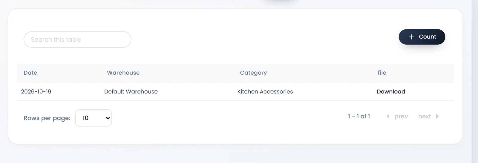 The Count Stock list with one sheet: 2026-10-19, Default Warehouse, Kitchen Accessories, and a Download link in the file column.