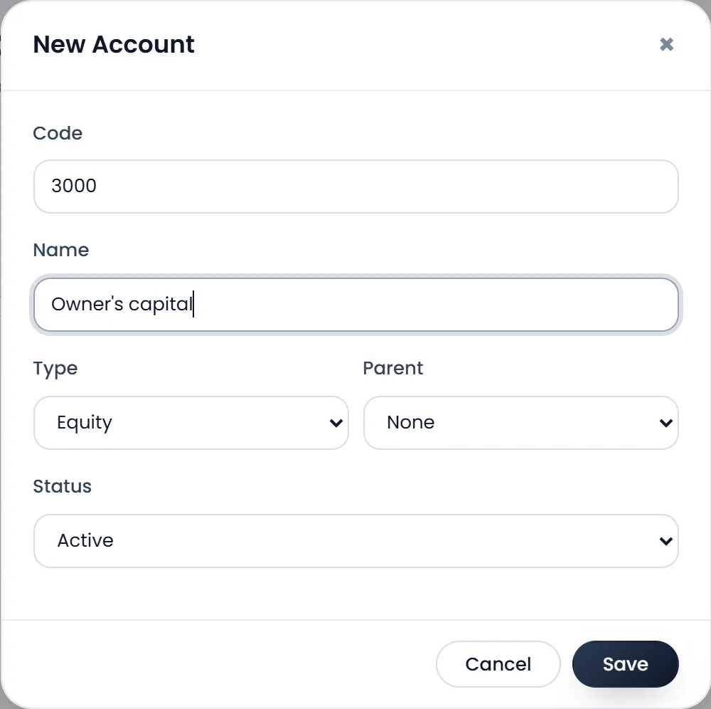 The New Account window: Code 3000, Name Owner's capital, Type Equity, Parent None, Status Active, with Cancel and Save.