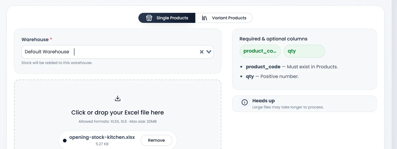 Opening Stock Import: Single Products, Warehouse Default Warehouse ("Stock will be added to this warehouse."), the file opening-stock-kitchen.xlsx with Remove, the Example format with product_code and qty, and Import now.