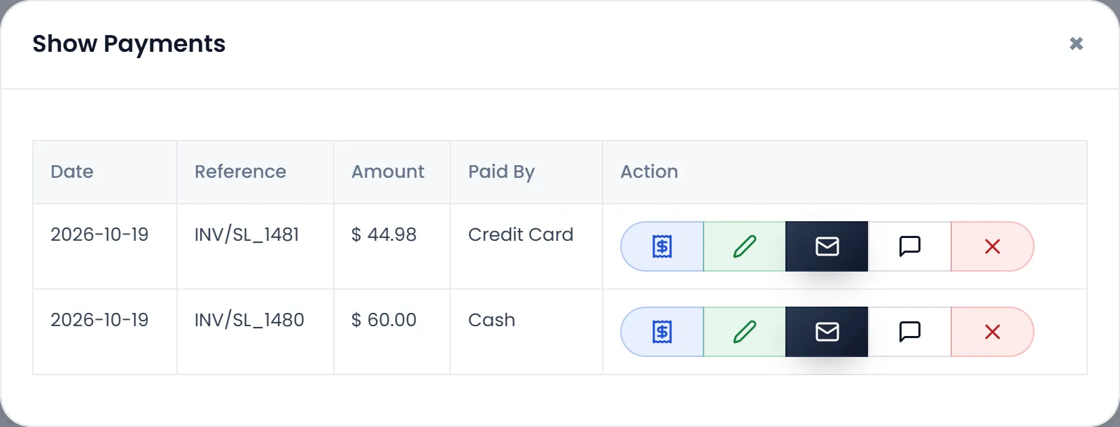 Show Payments for SL_0376: two payments on 2026-10-19, $ 44.98 by Credit Card and $ 60.00 in Cash.