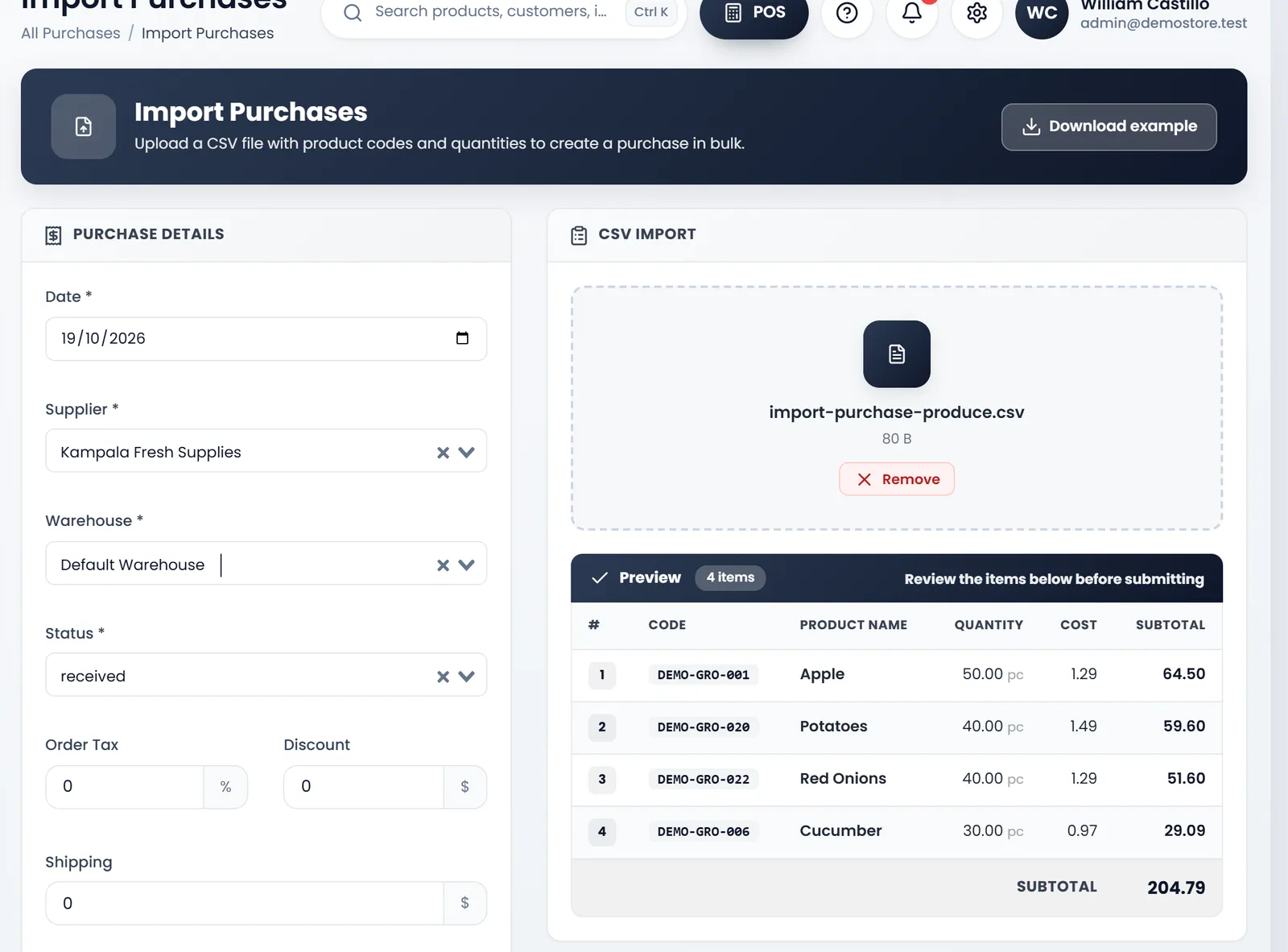 Import Purchases: the CSV IMPORT box with import-purchase-produce.csv, and its preview: Apple 50, Potatoes 40, Red Onions 40 and Cucumber 30, each with its cost and subtotal, a total of 204.79 and Submit.