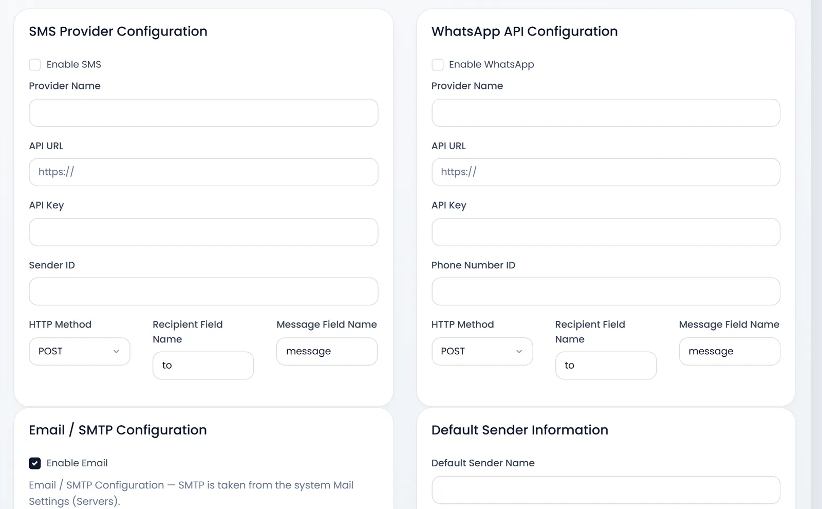 Marketing Settings: SMS Provider Configuration and WhatsApp API Configuration, each with Enable, Provider Name, API URL, API Key, Sender ID or Phone Number ID, HTTP Method, Recipient Field Name to and Message Field Name message; Email / SMTP Configuration with Enable Email ticked; and Default Sender Information.