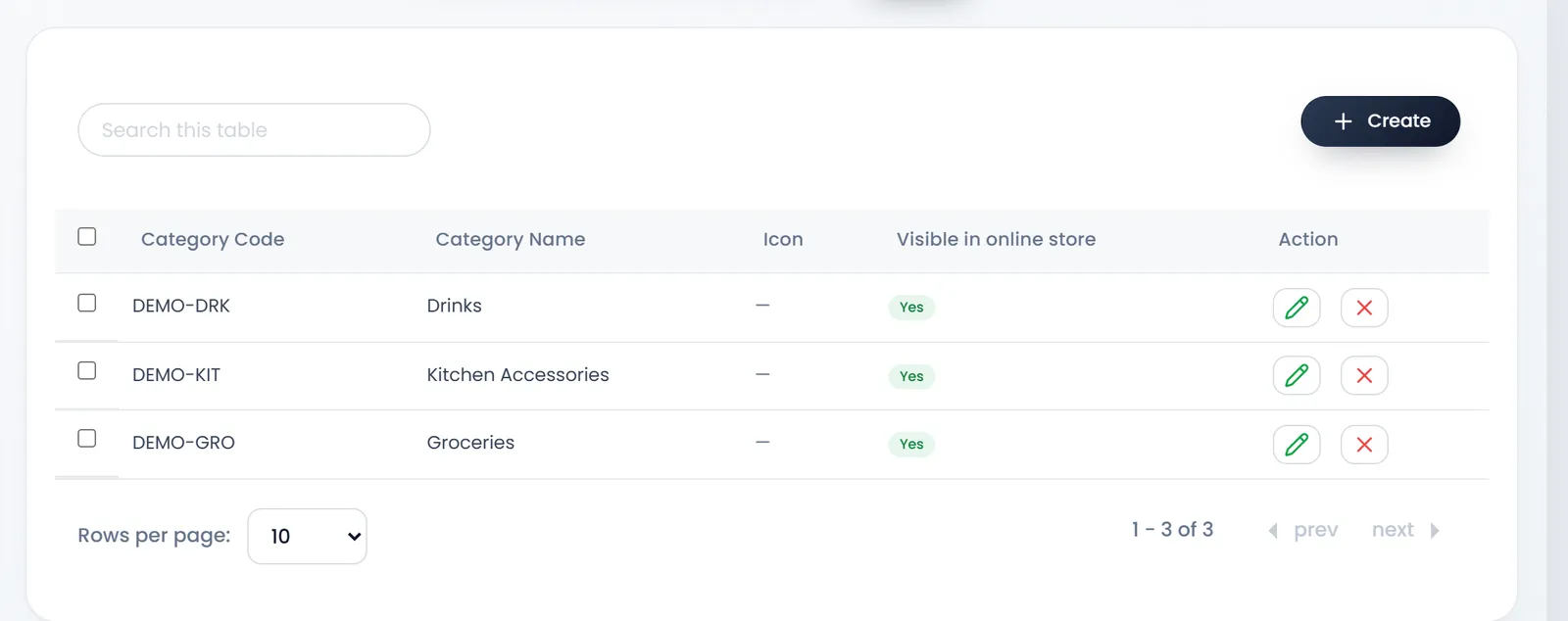 Products › Category: Drinks, Kitchen Accessories and Groceries, each with its code and Yes under Visible in online store.