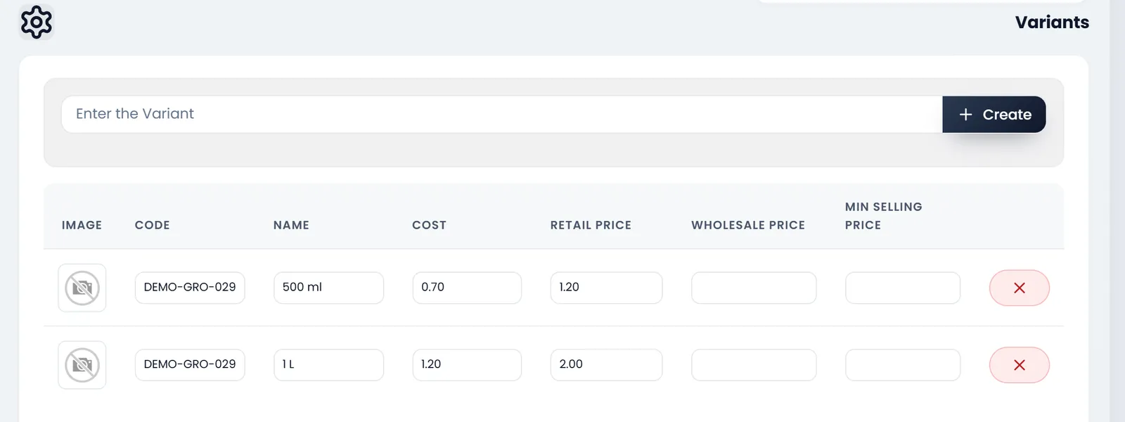 Variants: Enter the Variant with Create, and two variants: 500 ml at cost 0.70 and retail price 1.20, and 1 L at 1.20 and 2.00, each with its code, image and a cross to remove it.
