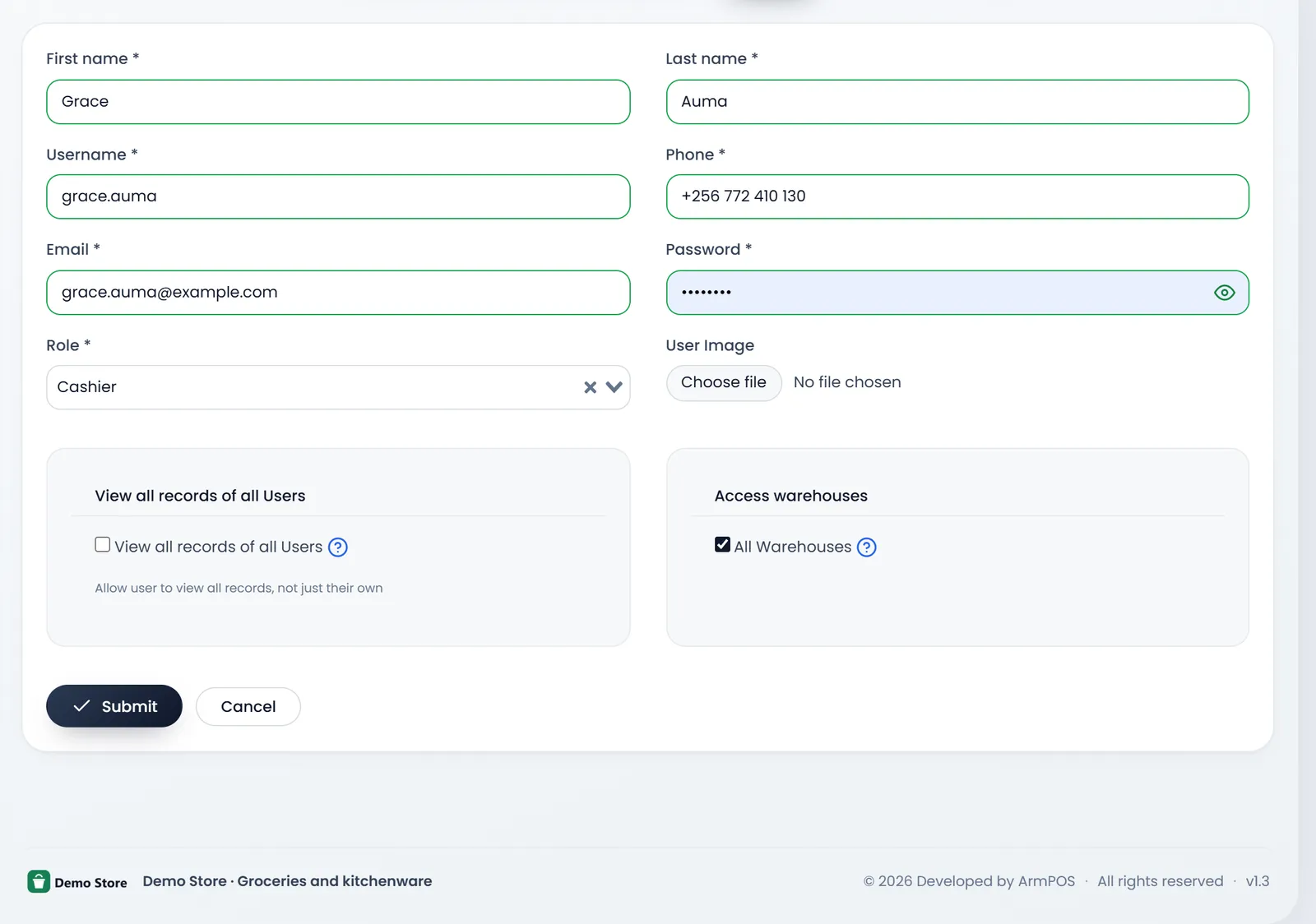 The Create user form filled for a new cashier: First name Grace, Last name Auma, Username grace.auma, Phone, Email grace.auma@example.com, an empty Password, Role Cashier, User Image, View all records of all Users, and Access warehouses with All Warehouses ticked.