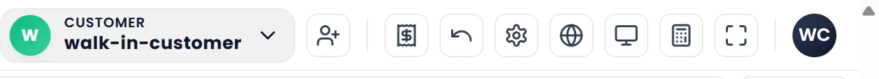 The right of the POS top bar: Customer showing walk-in-customer, then the icon buttons Quick Add Customer, Today Sales, Product Return, POS Settings, Languages, Display, Calculator, Fullscreen and the account initials.