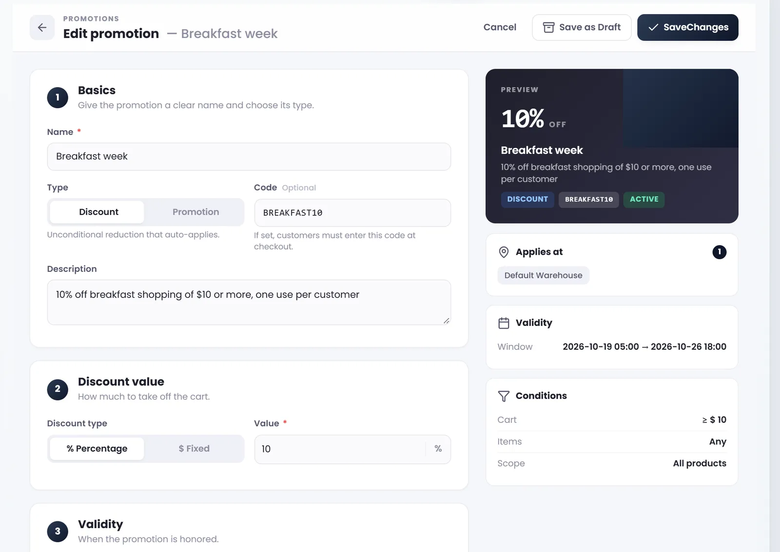 The promotion form: Basics with Name Breakfast week, Type Discount, Code BREAKFAST10 and a Description; Discount value 10 % Percentage; and the Preview on the right: 10% OFF, Breakfast week, DISCOUNT, BREAKFAST10, ACTIVE, Applies at Default Warehouse, the Validity window and the Conditions Cart ≥ $ 10, All products.