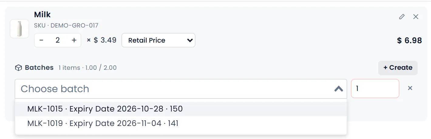 The POS cart with 2 Milk, its Batches panel and Choose batch open on MLK-1015 · Expiry Date 2026-10-28 · 150 and MLK-1019 · Expiry Date 2026-11-04 · 141.