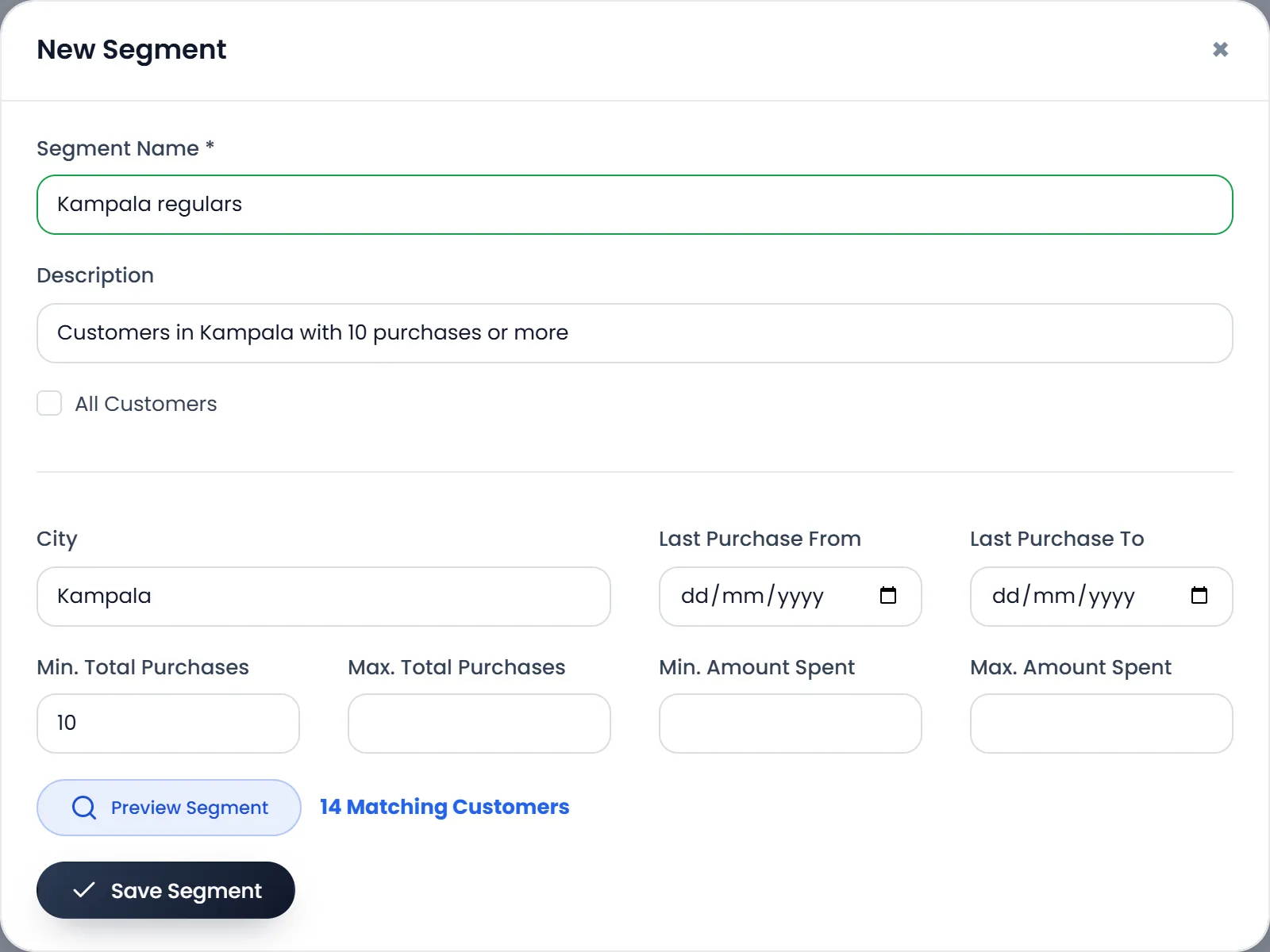 New Segment: Segment Name Kampala regulars, Description, All Customers unticked, City Kampala, Min. Total Purchases 10, and Preview Segment showing 14 Matching Customers, with Save Segment.