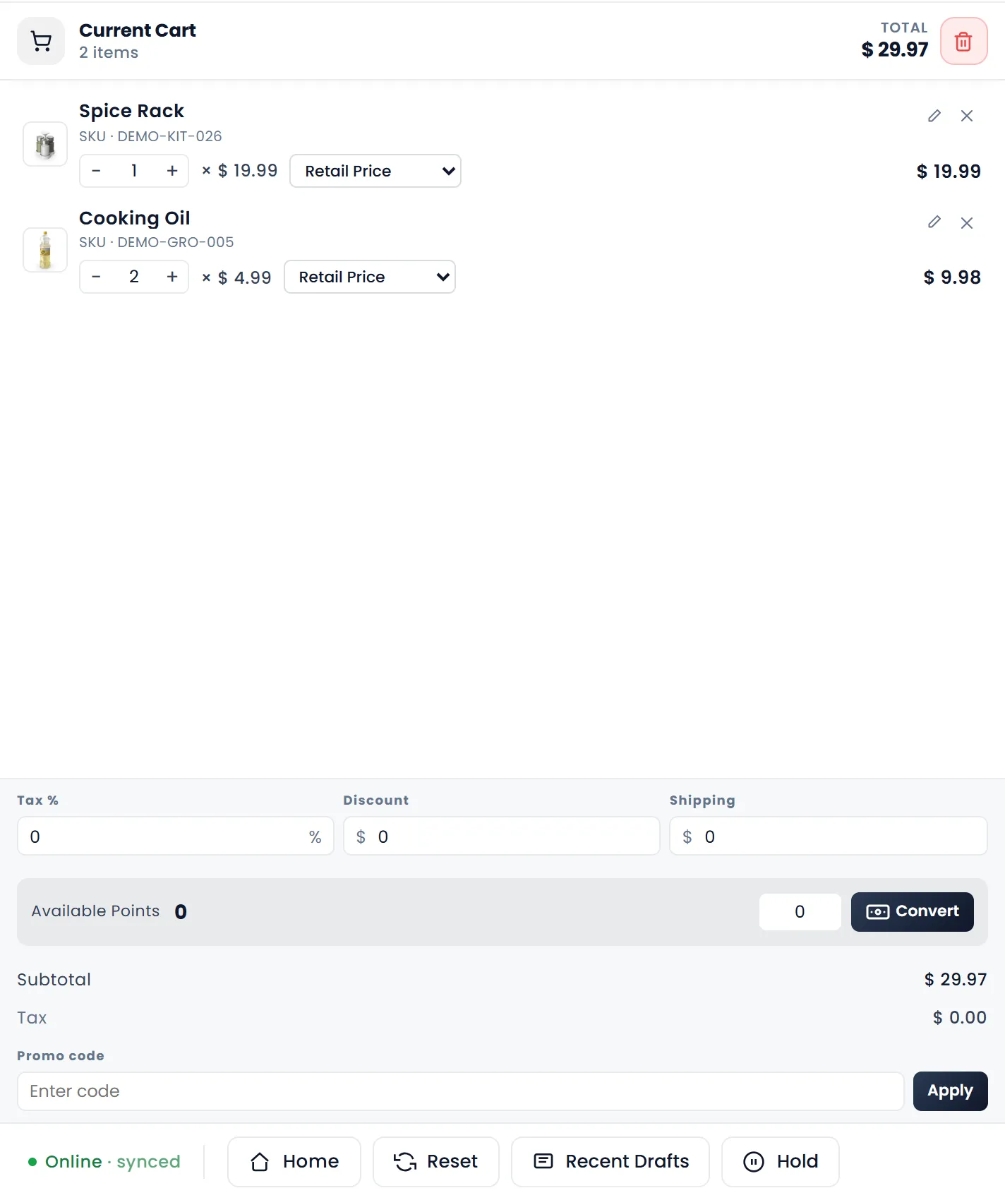 Current Cart with Spice Rack and two Cooking Oil, then Tax %, Discount and Shipping, Available Points with Convert, the Subtotal, Promo code with Apply, and the bottom bar with Home, Reset, Recent Drafts and Hold.
