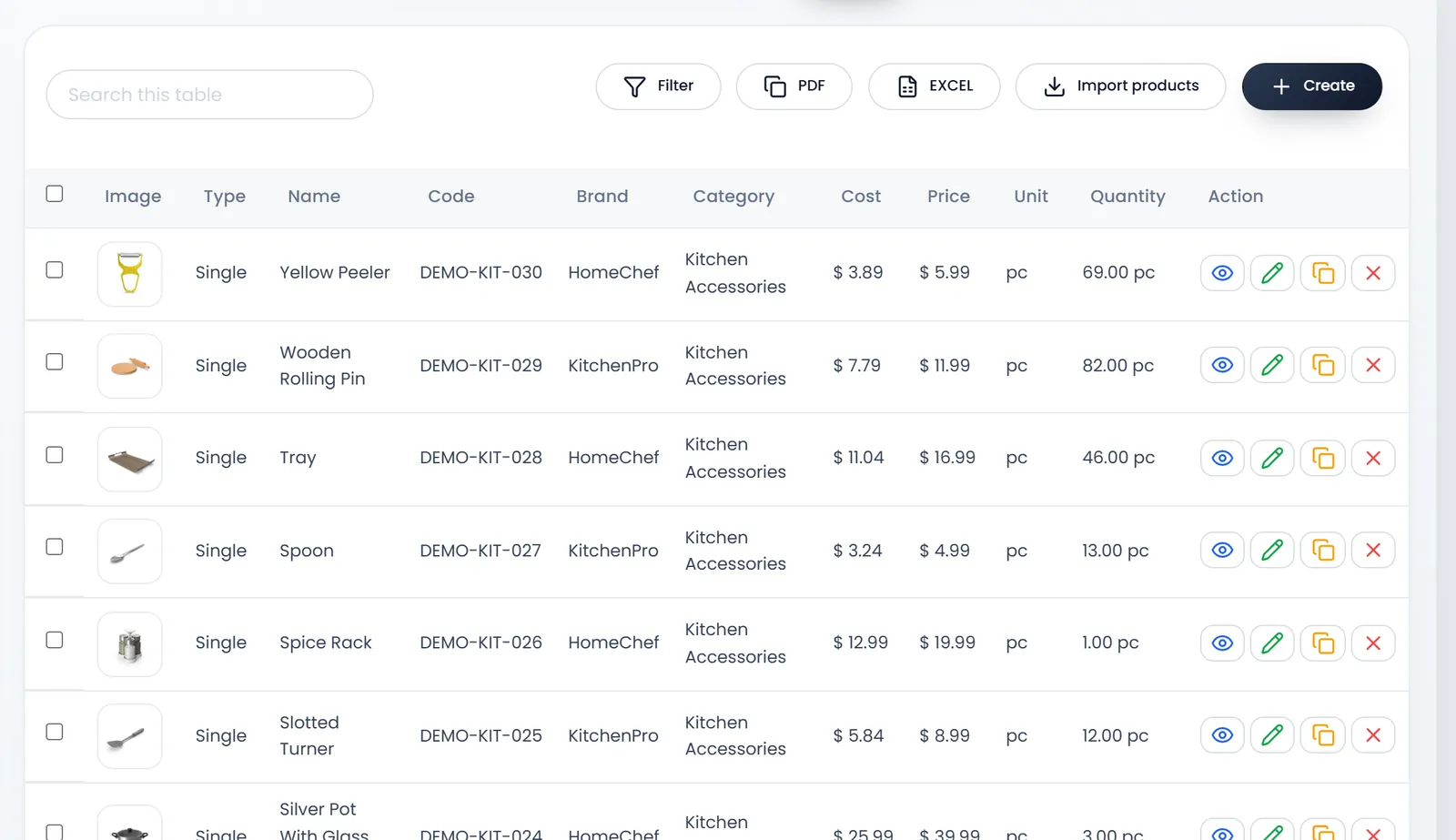 Products › All Products: Search, Filter, PDF, EXCEL, Import products and Create above the list, with kitchen products, each with its code, brand, category, cost, price, unit and quantity.