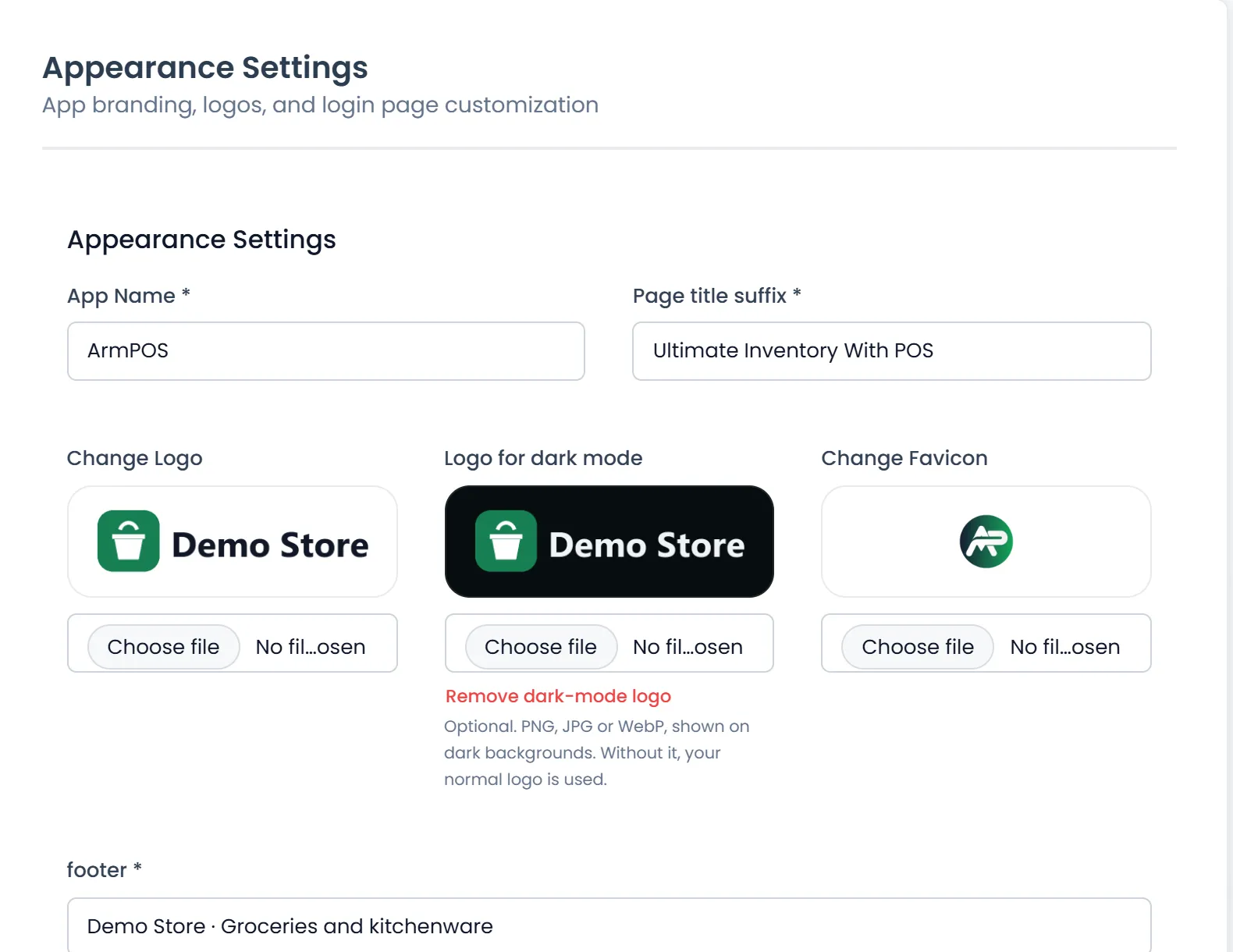 The Appearance Settings tab with the shop's logo under Change Logo, a light version of it on a dark tile under Logo for dark mode, and Change Favicon.