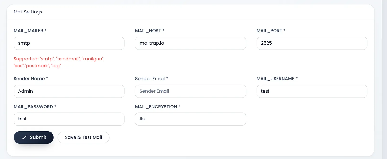 Mail Settings: MAIL_MAILER, MAIL_HOST, MAIL_PORT, Sender Name, Sender Email, MAIL_USERNAME, MAIL_PASSWORD and MAIL_ENCRYPTION, with the supported mailers in red under the first, then Submit and Save & Test Mail.