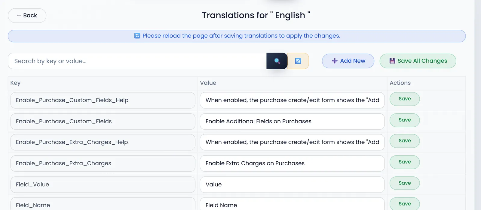 Translations for "English": Back, the note Please reload the page after saving translations to apply the changes, Search by key or value..., Add New and Save All Changes, then rows of Key, Value and Save.