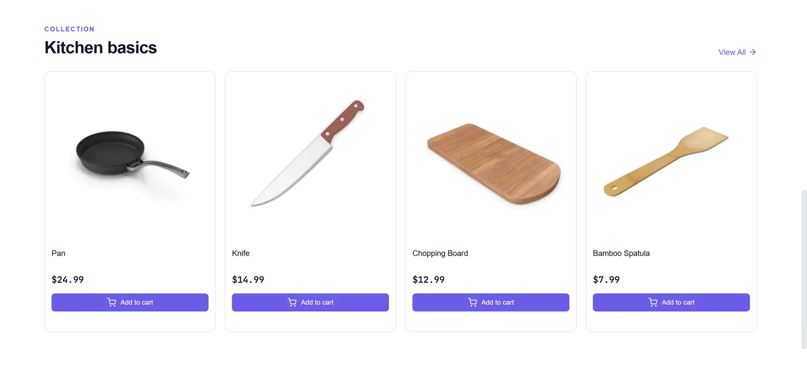 The store's home page: the Kitchen basics row, marked Collection, with View All and four products, Pan, Knife, Chopping Board and Bamboo Spatula, each with its price and Add to cart.