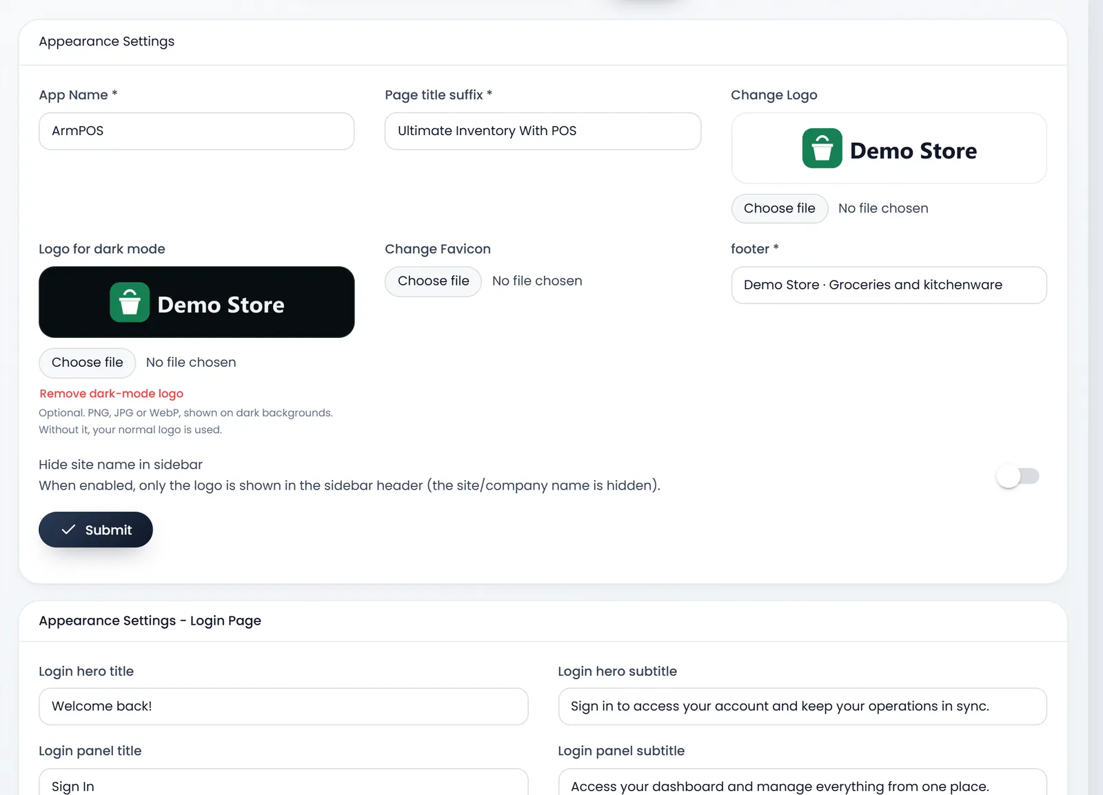 Appearance Settings: App Name, Page title suffix, Change Logo with the Demo Store logo, Logo for dark mode on a black plate with Remove dark-mode logo, Change Favicon, footer "Demo Store · Groceries and kitchenware", the Hide site name in sidebar switch and Submit.